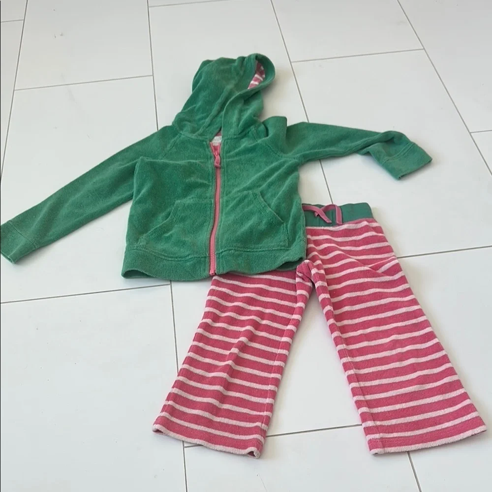 Mini Boden Green and Pink Kids Terry Beach swim cover up marching 3/4Y